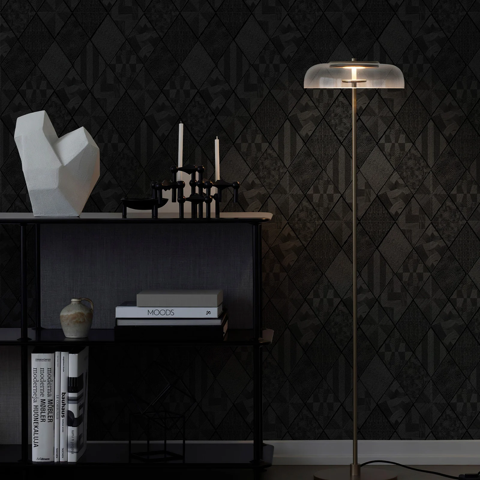 JIFFDIFFBlack Rhombus Wood Texture Wallpaper 44×2032cm Roll,Geometric Diamond Self Adhesive Peel and Stick Removable Waterproof Wall Paper for Bedroom Home Decor