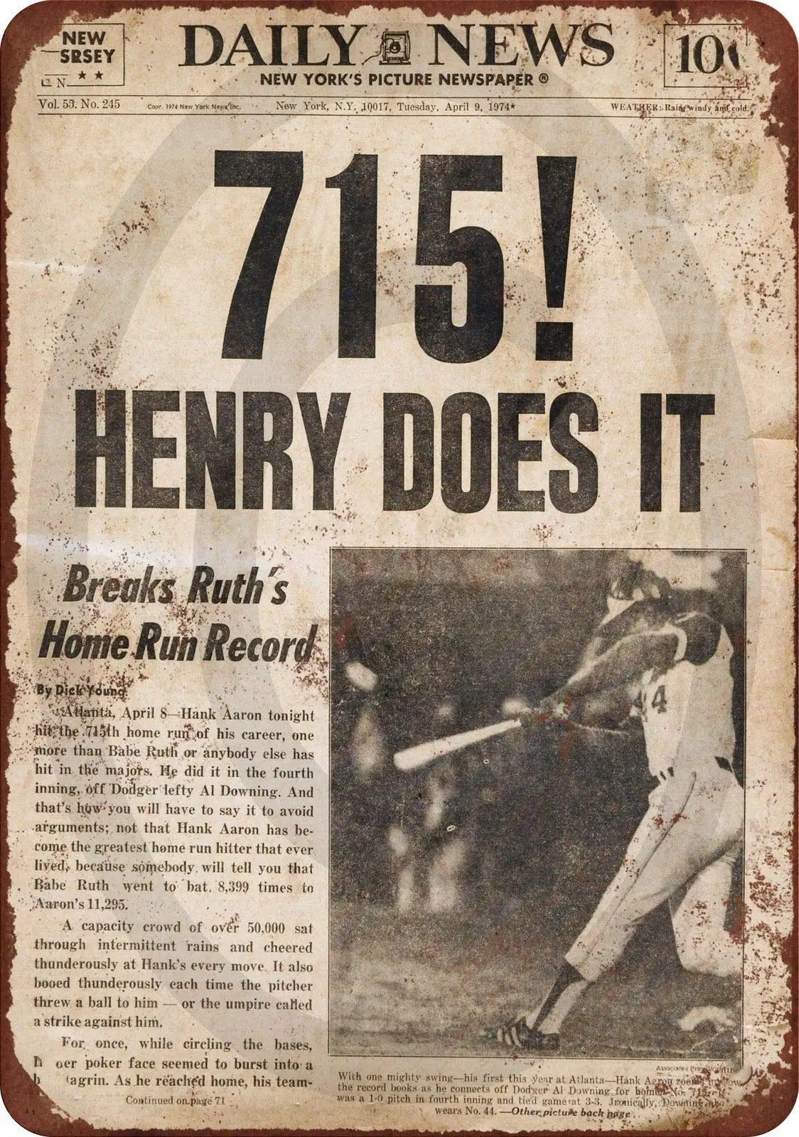 Hank Aaron Breaks Babe Ruth's Record Retro Wall Decor Metal Tin Sign 8x12 Inch