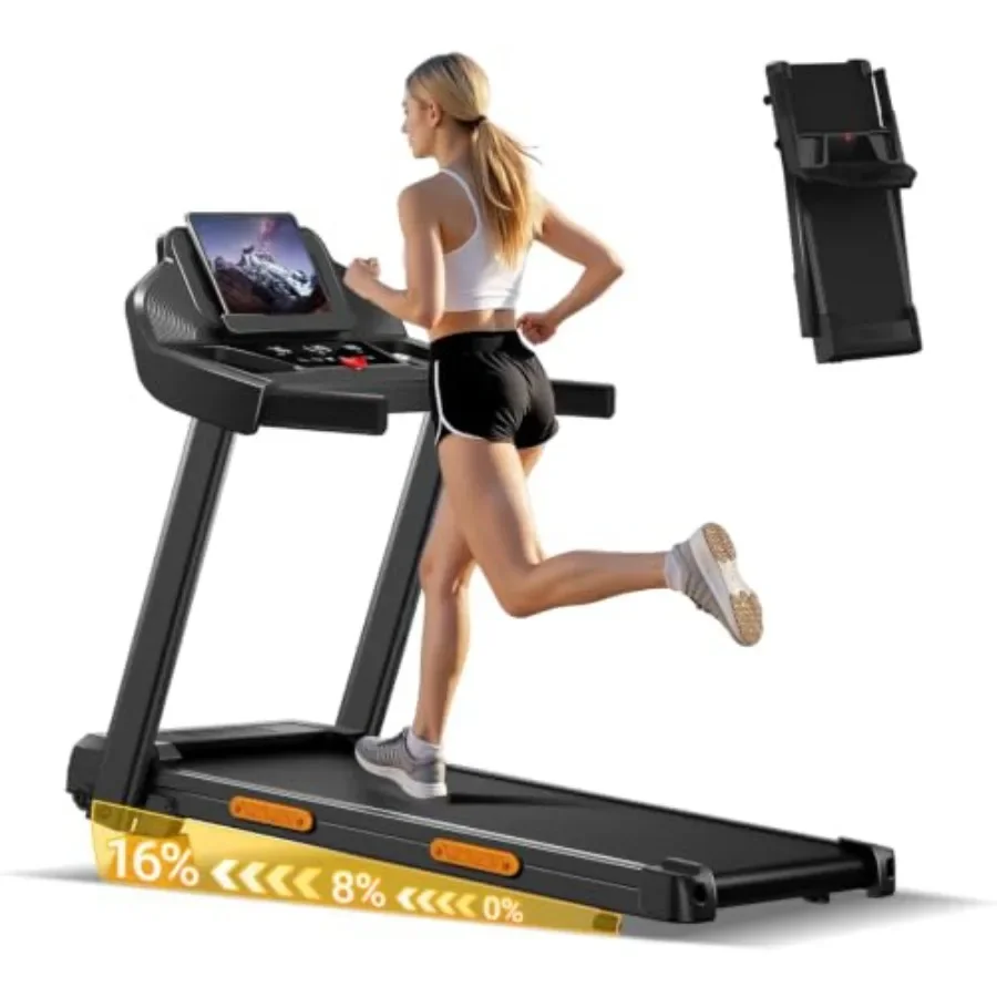 Home treadmills with 20 incline, 400lb capacity, folding design, steel frame, black finish, space-saving and quiet motor