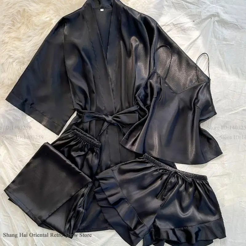 Spring Summer New Women Pajama Four Piece Suit Sleepwear Silky Satin Kimono Bathrobe Trouser Suits Loose Home Clothes Loungewear - Image 4