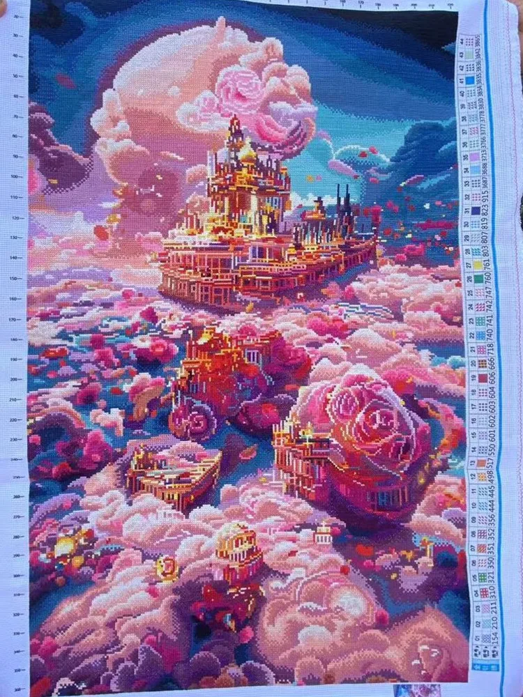 Pure handmade cross stitch finished product, artificially embroidered rose castle picture vertical version 109 * 76 entrance