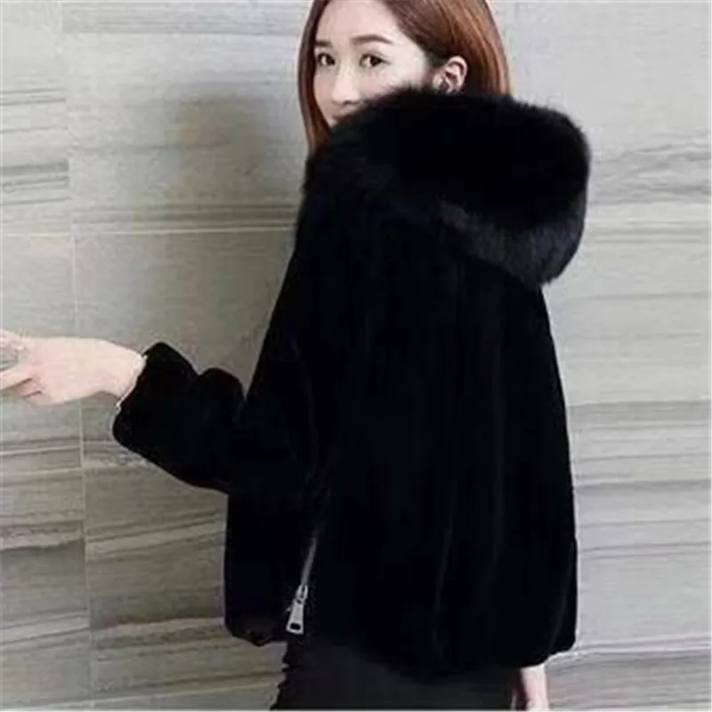 Spring Autumn Lmitation Fur Coat Women 2023 New Hooded Fur Collar Jacket Pure Colour Loose Outerwear Fashion Short Tops Female