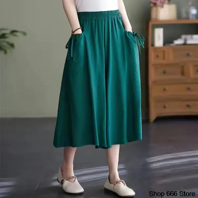 Silk Smooth Cotton Hemp Wide Leg Pants Summer New Loose Solid Color Skirt Pants Casual Pants High Waisted Thin Panties  85KG