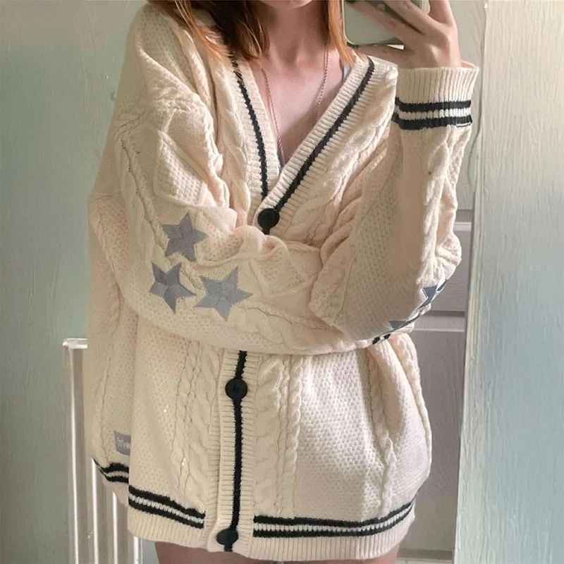 سترات TS Cardigans المطرزة على شكل نجمة للنساء بأكمام طويلة وصدر واحد كبير الحجم محبوك سترة Taylor Folklore