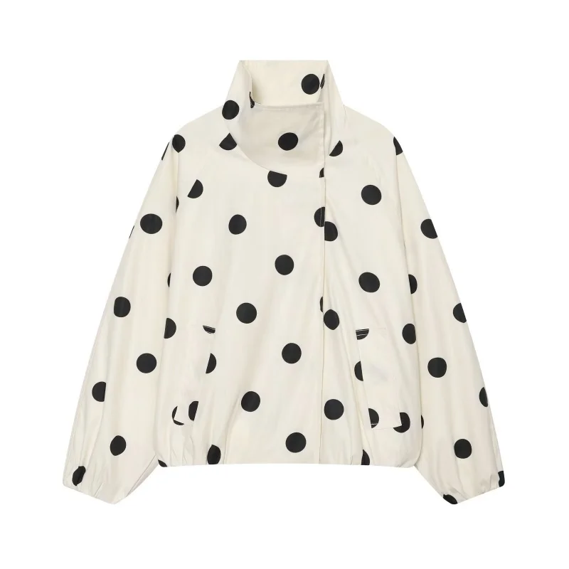 Herbst Neuheit Damen Vintage Polka Dot Stehkragen-Jacke mit Taschen Langarm Casual Oberbekleidung Modisches Urlaubsoutfit – Detail 5