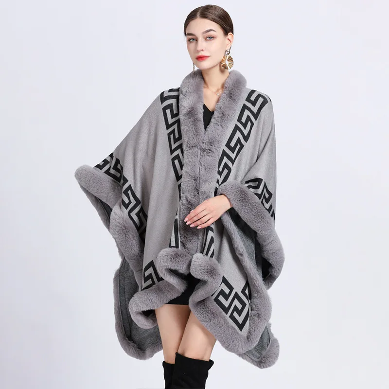 Autumn Winter New Imitation Otter Rabbit Fur Collar Jacquard Weave Cape Women Knit  Ponchos Lady Capes Gray Cloak