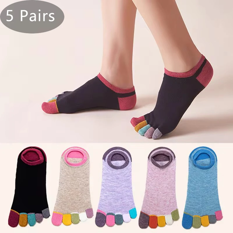 5 Pairs Spring No Show Toes socks Pure Cotton Colorful Cute Casual Soft Breathable,Deodorant,Invisible 5 Finger Socks Harajuku