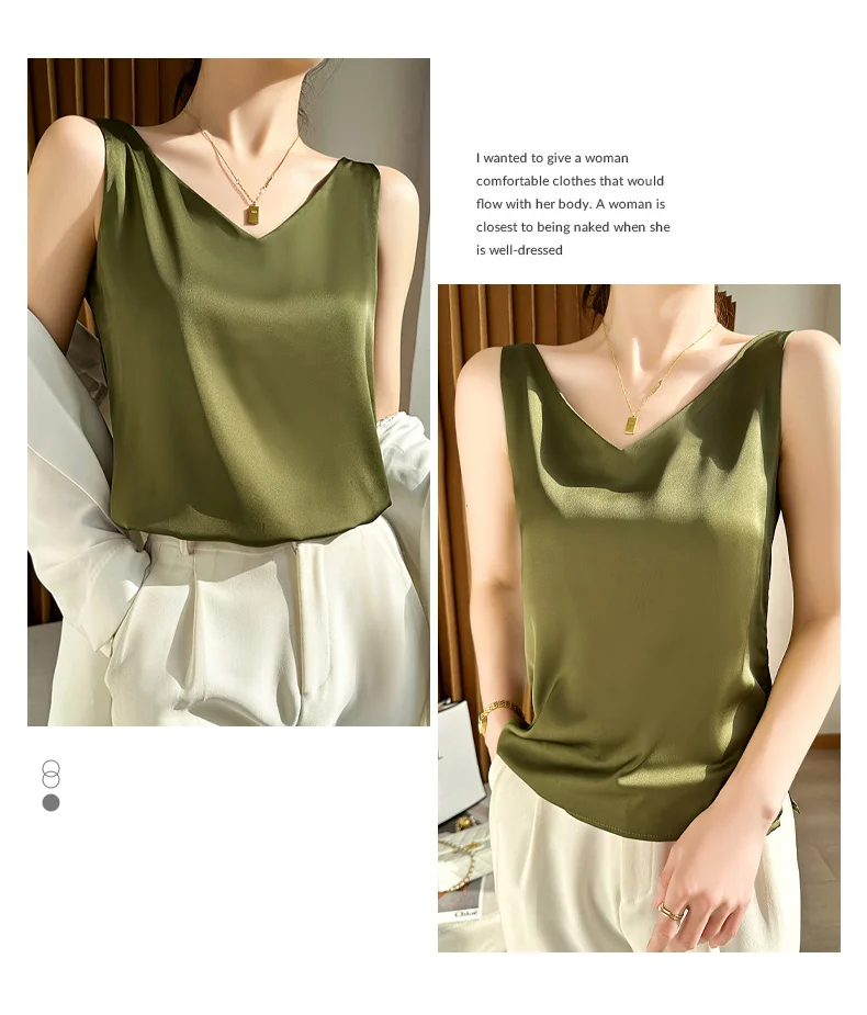Seidensatin-Damen-Tanktop mit doppelter Schulterpartie, V-Ausschnitt, ärmelloses Top, T-Shirt, elegantes Crop-Top, solide, lässig, Basic, 2025, Sommer – Detail 26