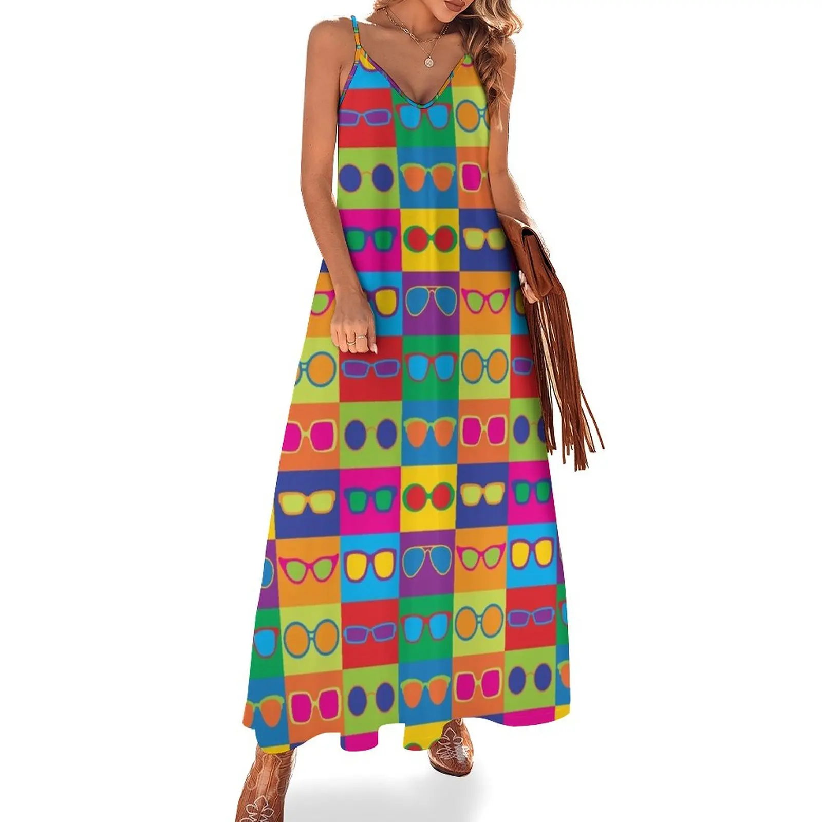 Pop art feminino óculos vestido sem mangas, vestidos de noite, roupa de mulher, luxo elegante, verão, 2023