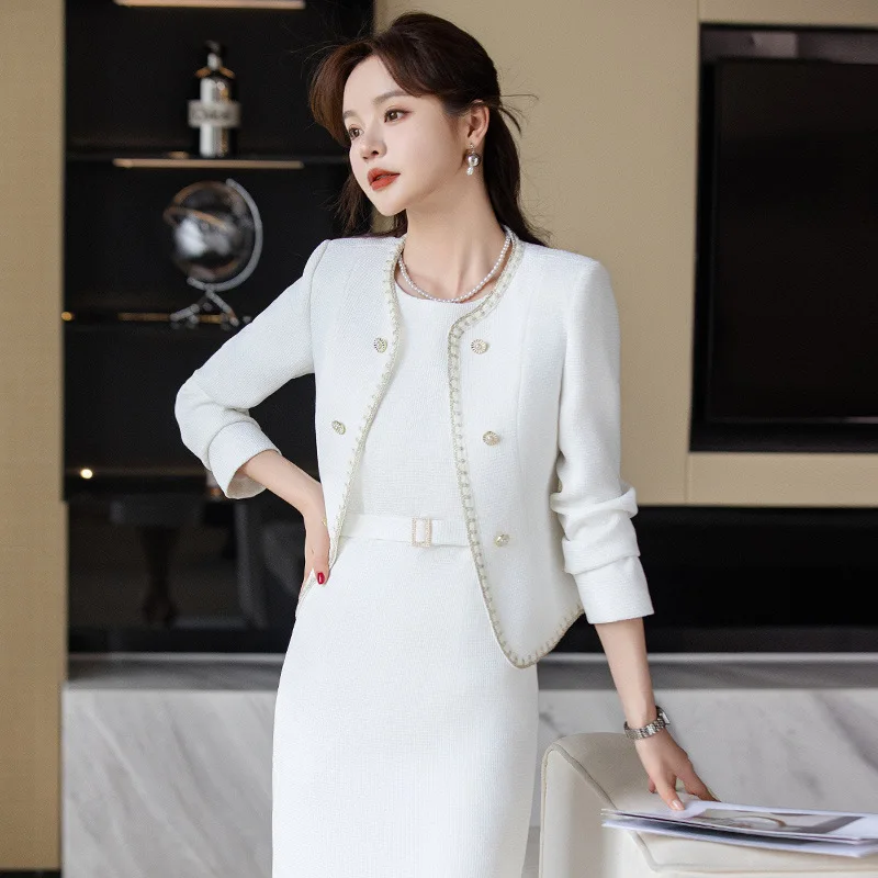 White Suit Women's Spring and Autumn2024New High-End and Fashionable Temperament Waist-Controlled Dress Two-Piece