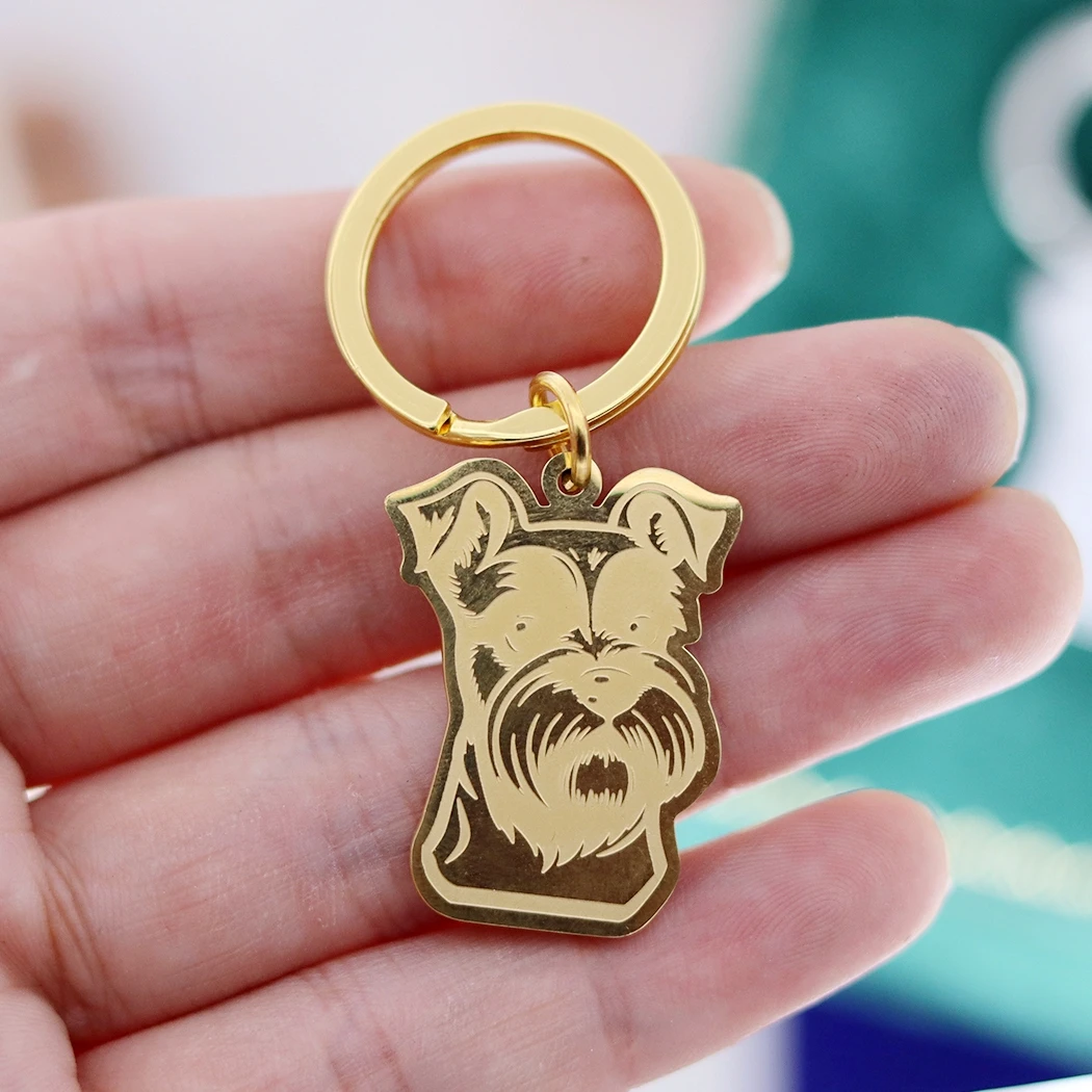 No se decolora de acero inoxidable lindo divertido Schnauzer en miniatura llavero de perro mascota para mujeres hombres joyería niños regalos llaveros suministros decorativos