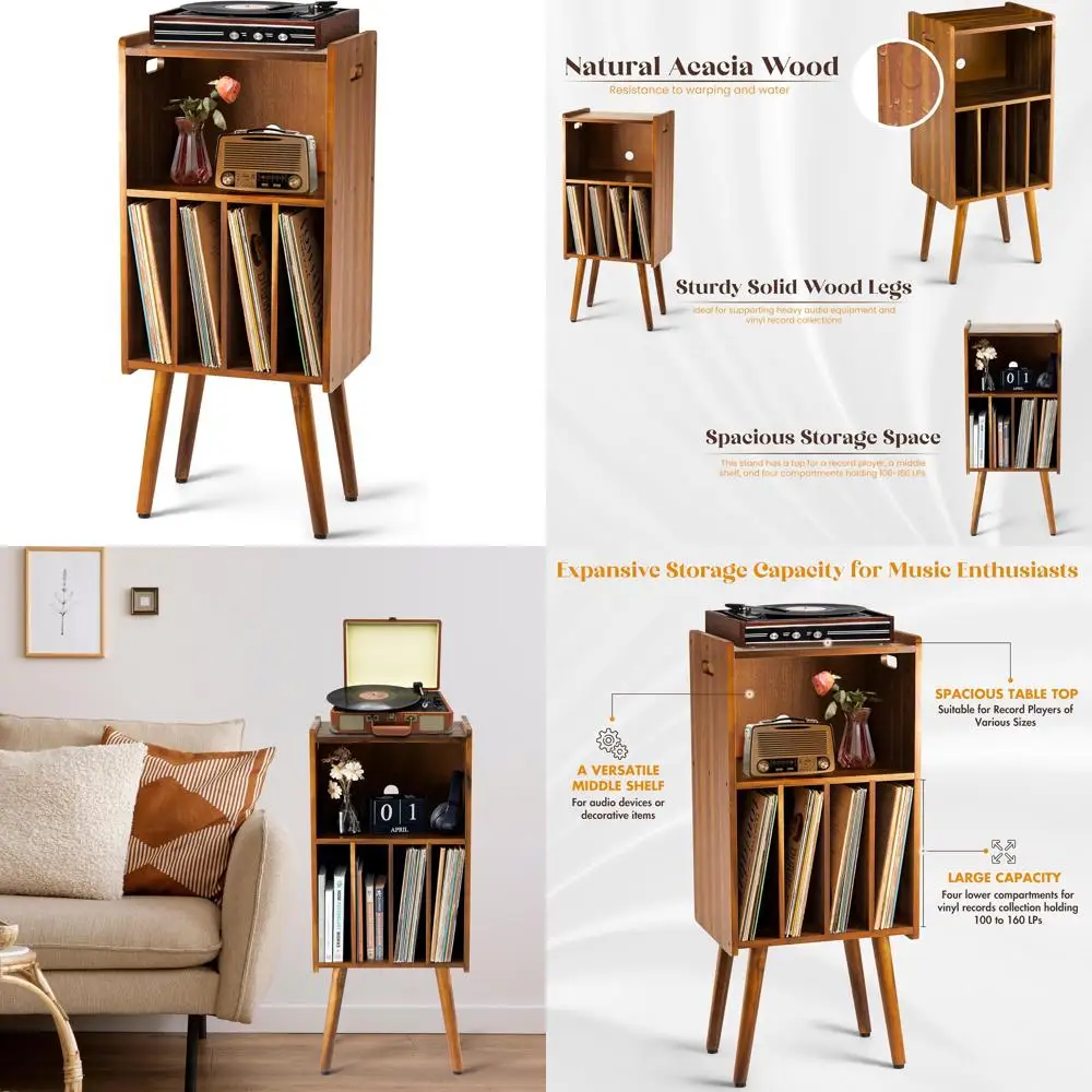 

Three-Shelf Wooden Record Player Stand with Capacity for 100 Albums, Metal Storage and Organizer for Vinyl Records