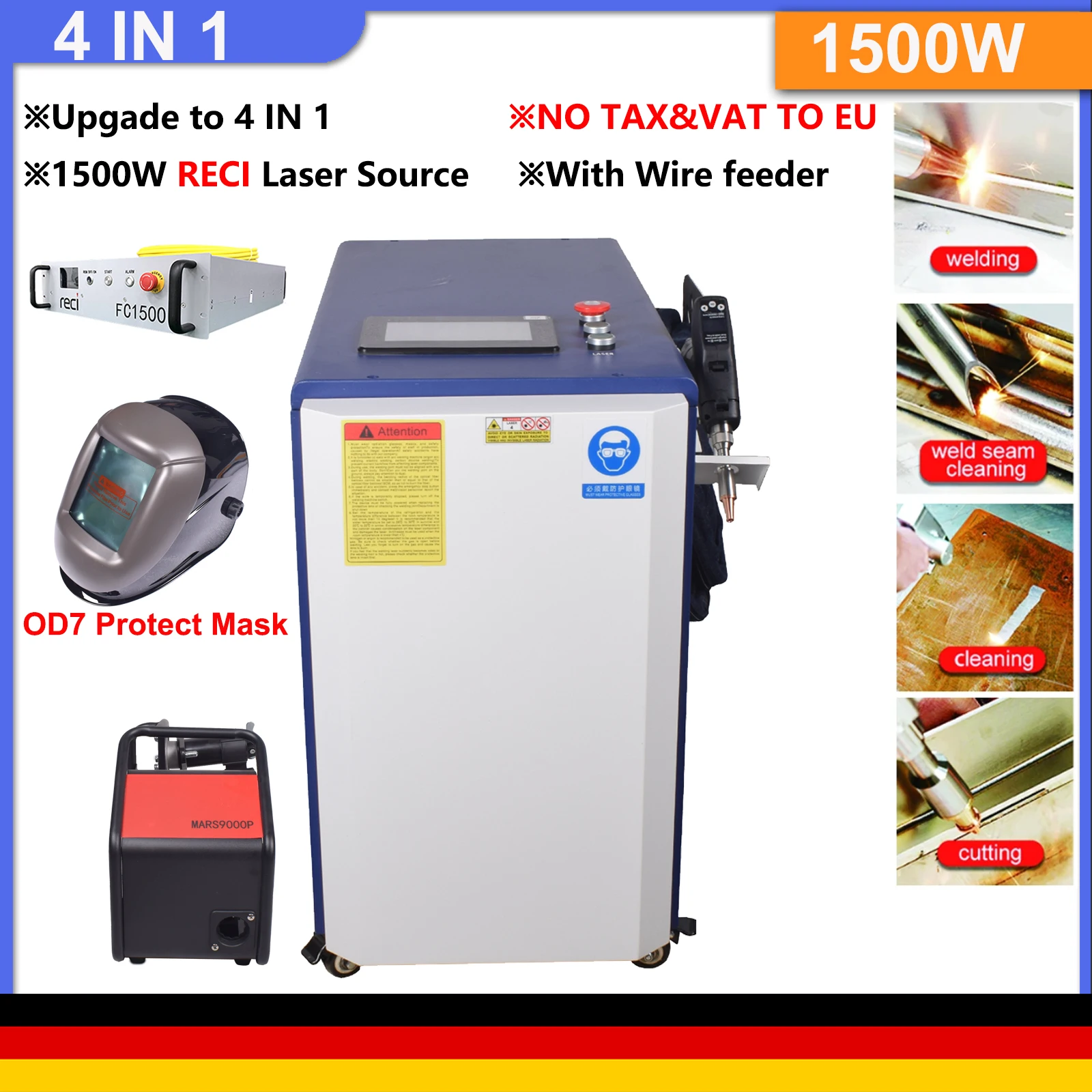 [Door to Door DE] Handheld 1500W Laser Welder 4 IN 1 Fiber Laser Welding Machine RECI Laser for Metal Welding Cleaning Cutting