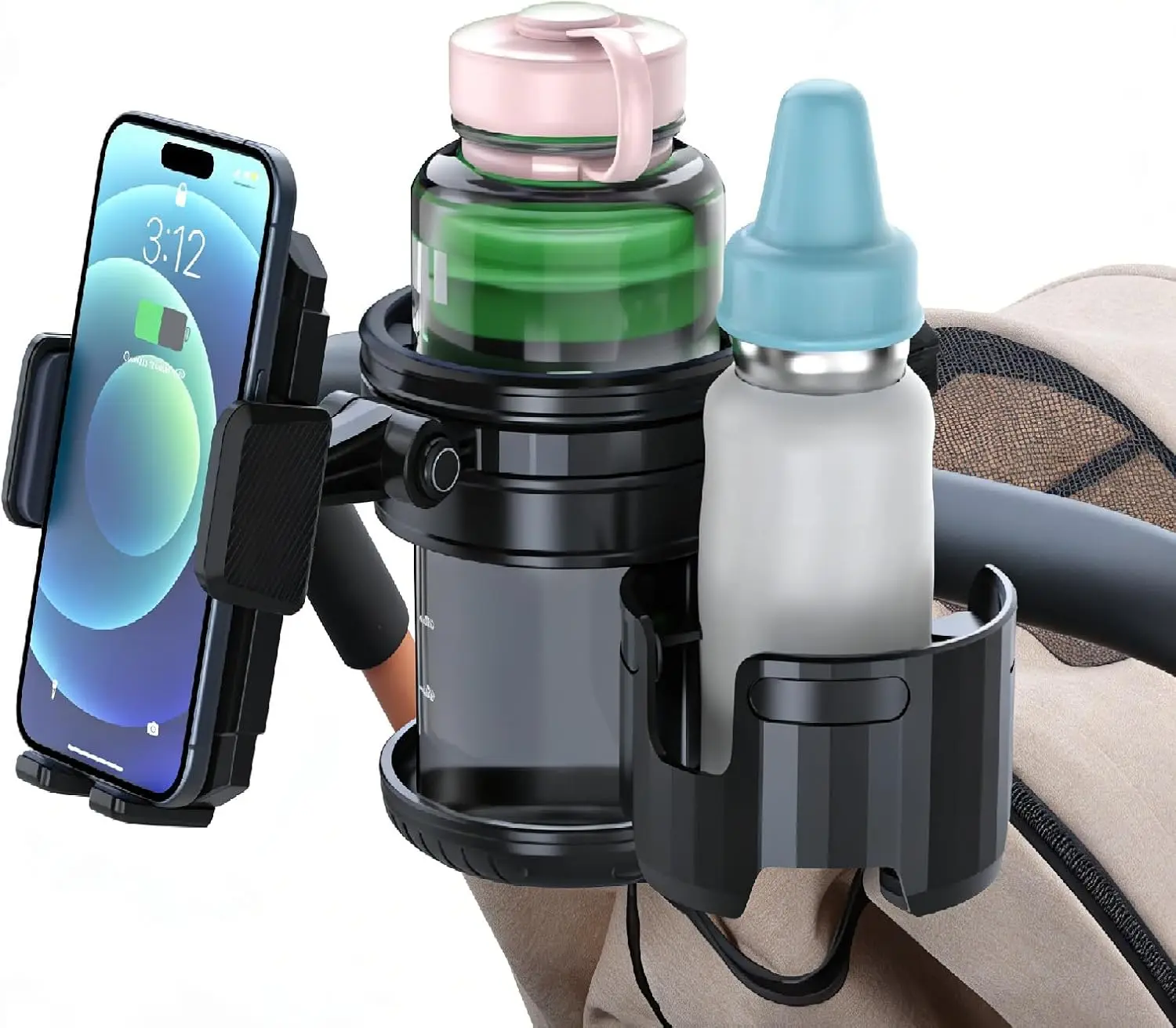 3 In 1 Universal Baby Stroller Cup Holder with Phone Stand 2 Drink Holder Cup for Pram, Bike, Motorcycle, Wheelchair