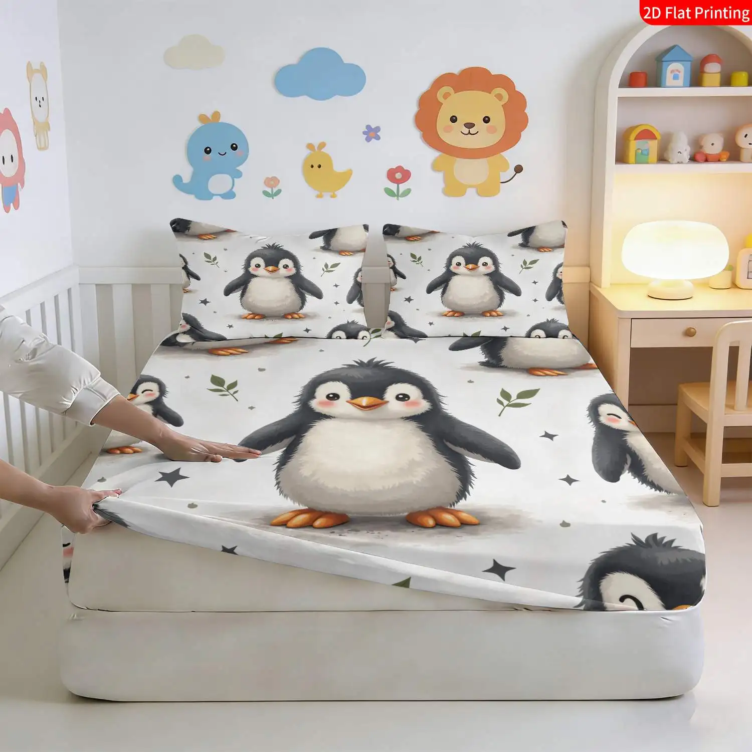 Printed fitted sheet, cute animal penguin digital print fitted sheet set, bedding (includes 1 fitted sheet + 2 pillowcases), large-capacity deep pocket 2D printed fitted sheet and 2 pillowcases, mattress protector, fitted elastic style, protective cover, mattress protector, suitable for all seasons, machine washable design, holiday decoration, various sizes, breathable protective cover with pillowcases