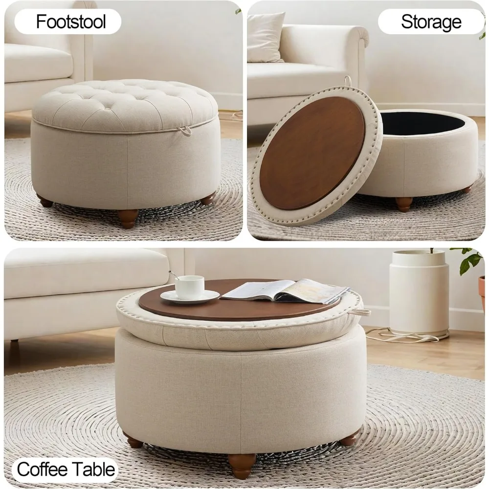 طاولة قهوة عثمانية مستديرة للتخزين مع سطح منجد وصينية قلابة وأرجل خشبية لمساحات المعيشة وغرف النوم #5