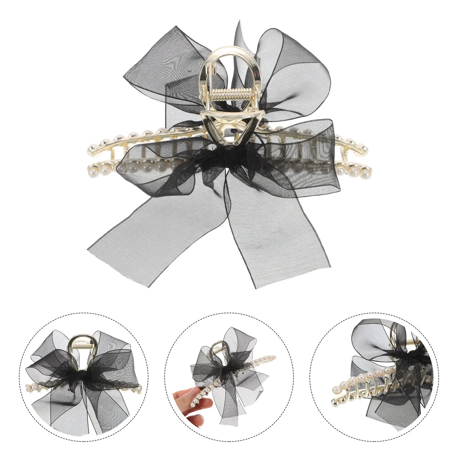 

Large Black Hair Claw Clip Elegant Faux Pearl Bowknot Ribbon Decorative Shark Clamps for Women Stylish Hair Styling Accessories