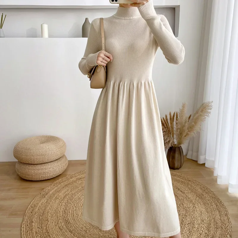 Half High Collar Mid Length Elegant Wind-driven Fur Dress 2024 Autumn and Winter New Long Sleeved Base Knitted Dress for Women