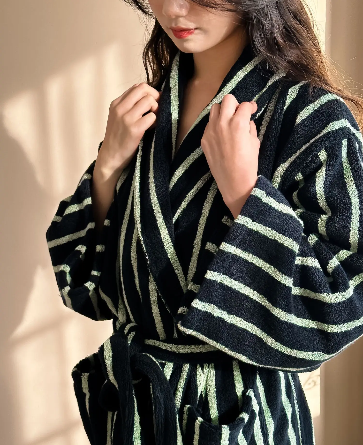 Vintage Striped Cotton BathrobeTowel Soft  Casua Loose Kimono Bathrobe With Obi Belt Bath Absorbent Sleepwear Coat  Unisex Towel