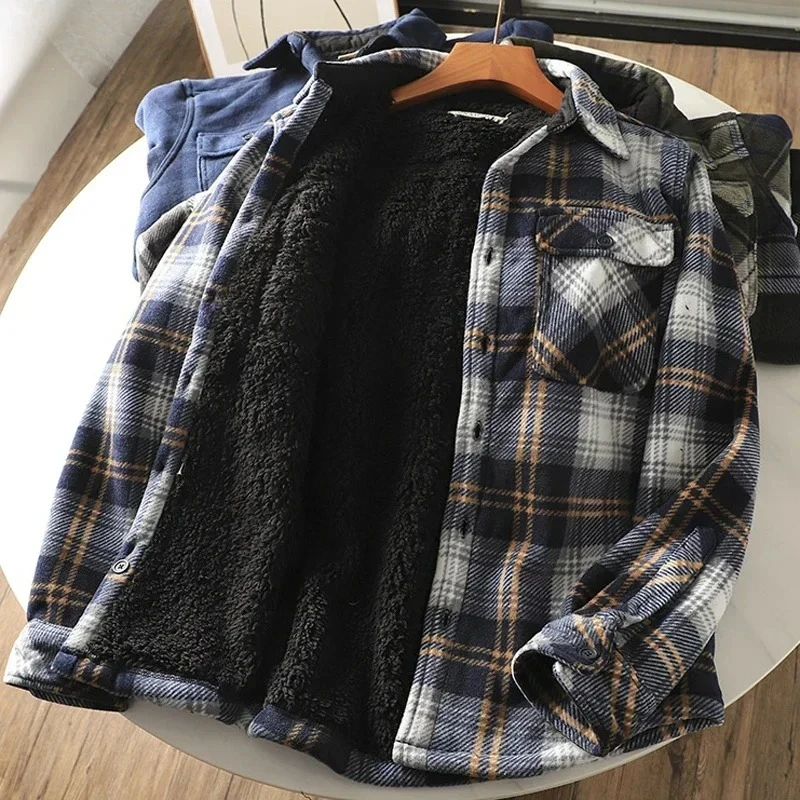 

Mens Winter Fleece Linend Warm Plaid Shirt Jacket Casual Long Sleeve Flannel Checked Shirt Men Western Cowboy Button Up Chemise