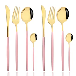 Pink Gold Mirror Cutlery Set 8Pcs Dinnerware Stainless Steel Knife Fork Coffee Spoons Tableware Set Kitchen Home Flatware Set