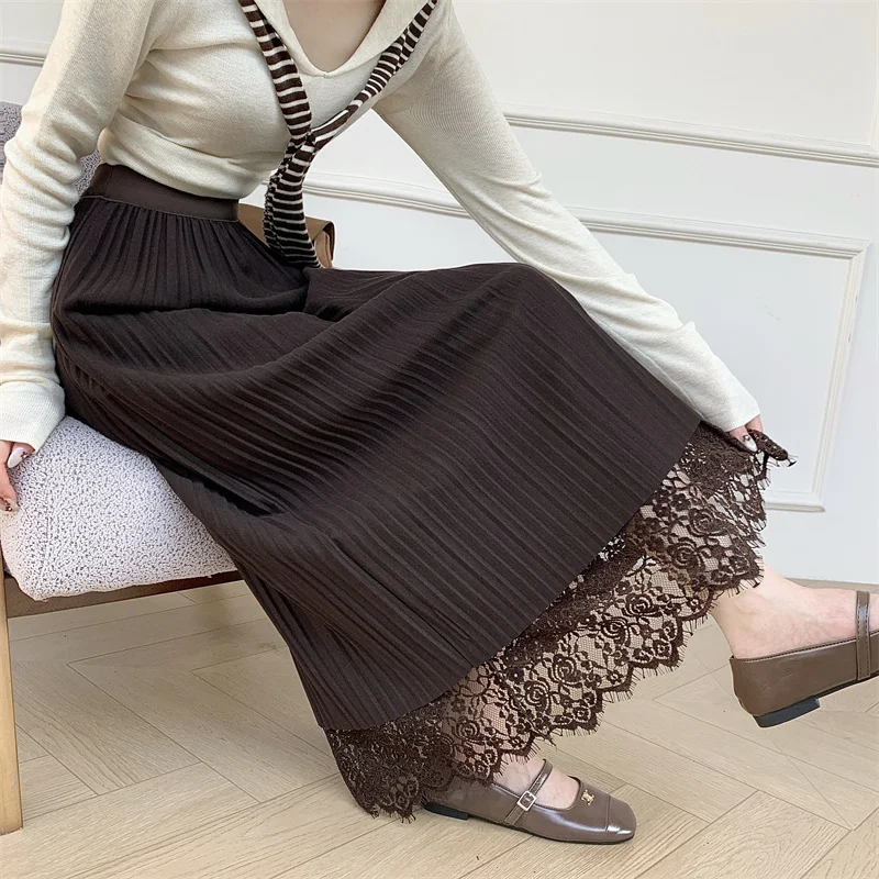 Falda acampanada de tul blanco de encaje Retro para mujer, falda Midi elástica de cintura alta con recortes de ganchillo, vestido de hada de otoño Reversible doble