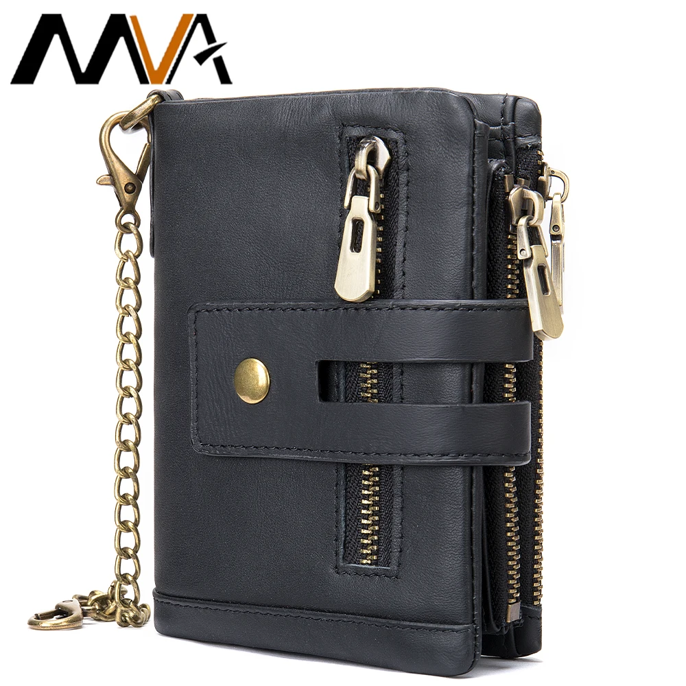 

MVA Mens Wallet with Chain Genuine Leather Purse RFID Blocking Bifold Double Zipper Coin Pocket with Anti-Theft Chain