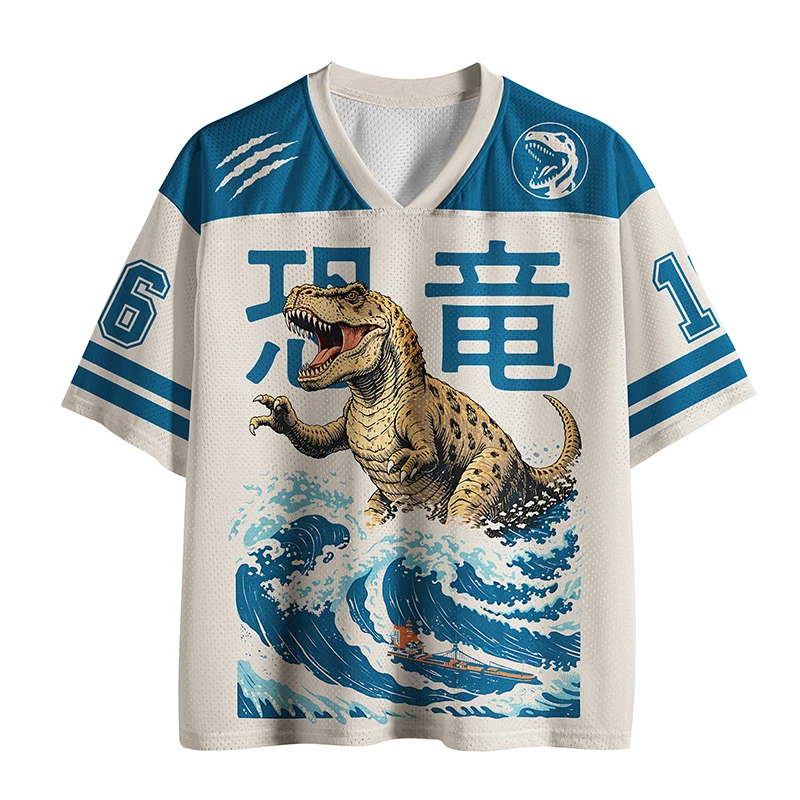 Harajuku Tyrannosaurus Rex Dinosaur Pattern Hoodie with Japanese Kanji Giant Wave Print Mesh T-shirt for Adults and Children