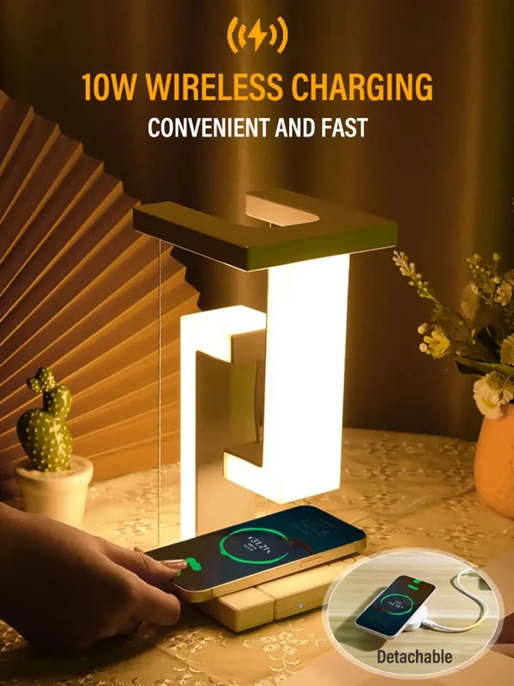 LED Night Lamp Creativity Physics Balance Suspension Table Desk Lamp Wireless Charger Decoration Home Bedroom Room Decor Light