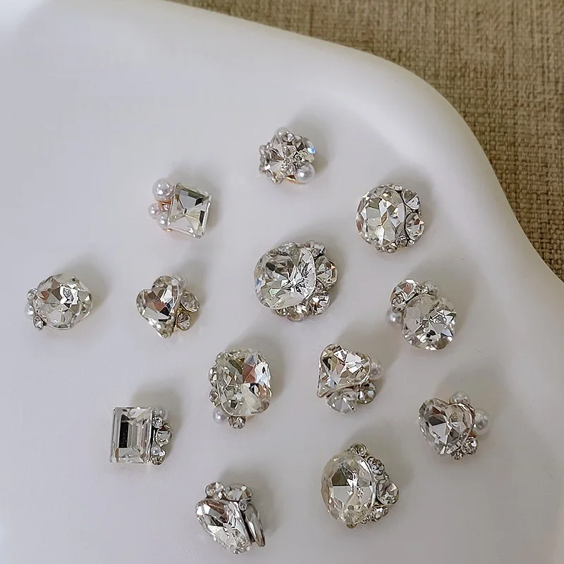 White Rhinestone Ball Nail Art: Chunky Square, Asymmetrical Heart, Heart-Shaped Axe, and Rhinestone-Studded Nails