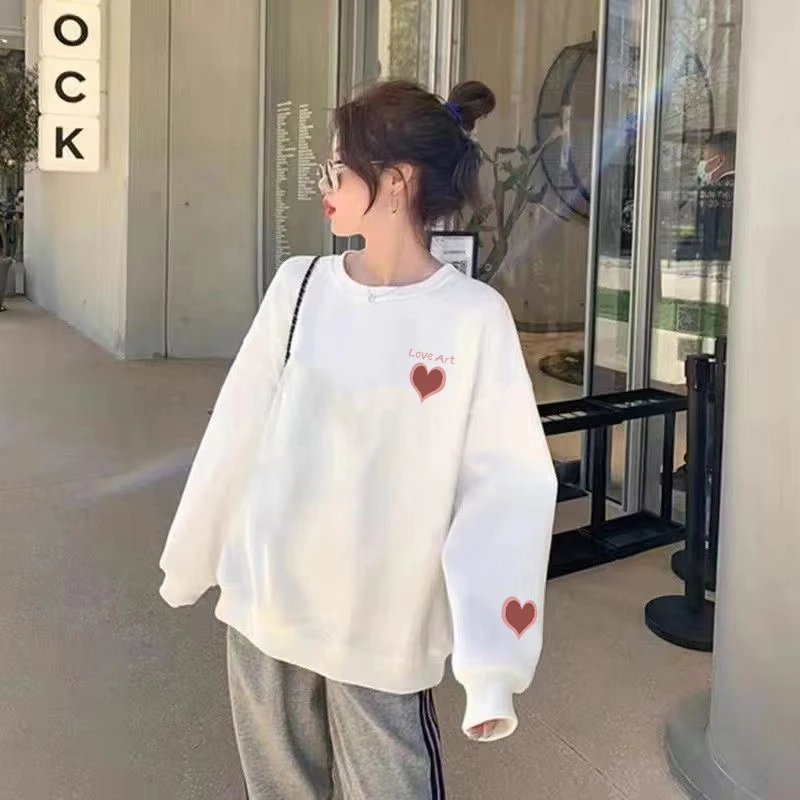 Apricot Creative Love Plus Size Leisure Crew Neck Sweatshirt Sweet Women\'s Fall/Winter 2024 New White College Style Loose Jacket