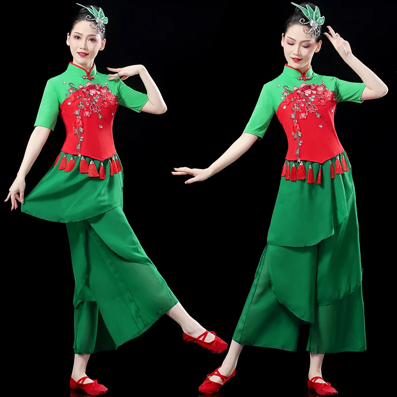 

performance costume of classical dance female umbrella dance fan dance waist drum costume of joyous group Yangko show hanfu