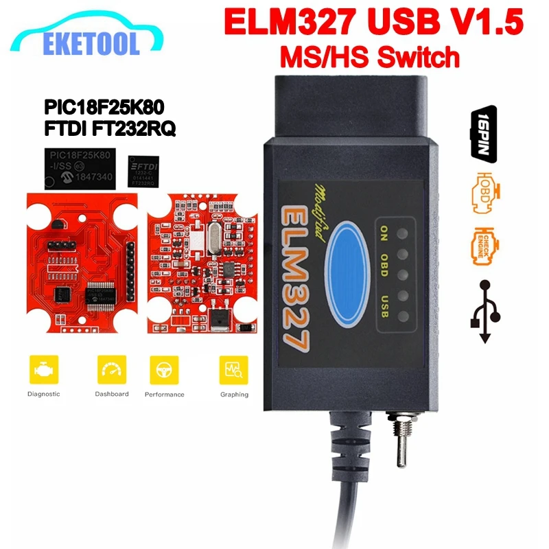 ELM327 USB V1.5 Switch MS/HS CAN PIC18F25K80 FT232RQ Car Diagnostic Interface ELM 327 ForScan Support Hidden Function ELM 327