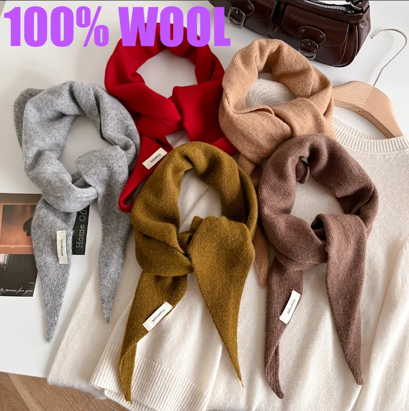 

100% Wool Knitted Scarf Women 2026 NEW Winter Warm Thickened Soft Triangle Pashmina Shawl Bright Solid Color Daily Wear Wool