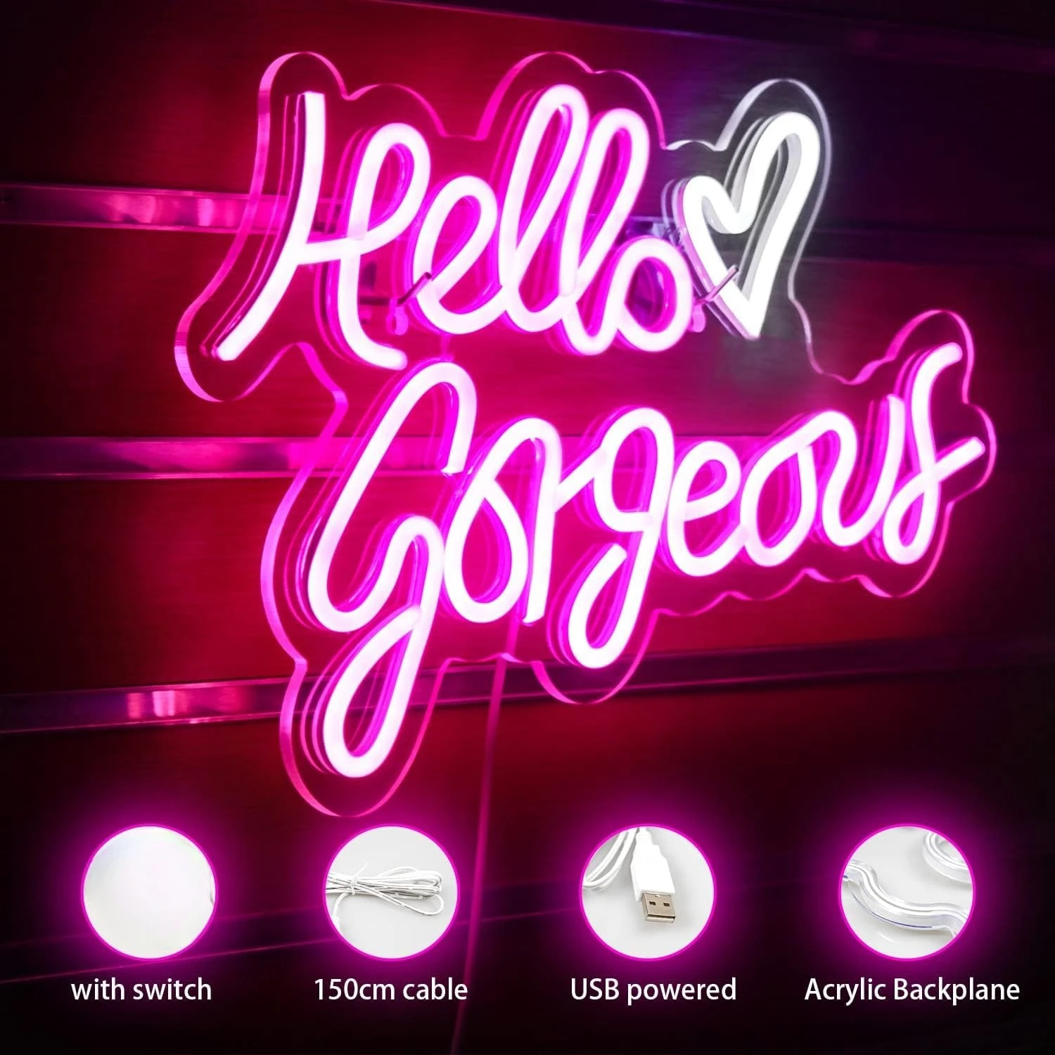 Hello Gorgeous Neon Sign USB Dimmable LED Light Up Signs for Bedroom Room Bachelorette Birthday Engagement Party Wedding Decor