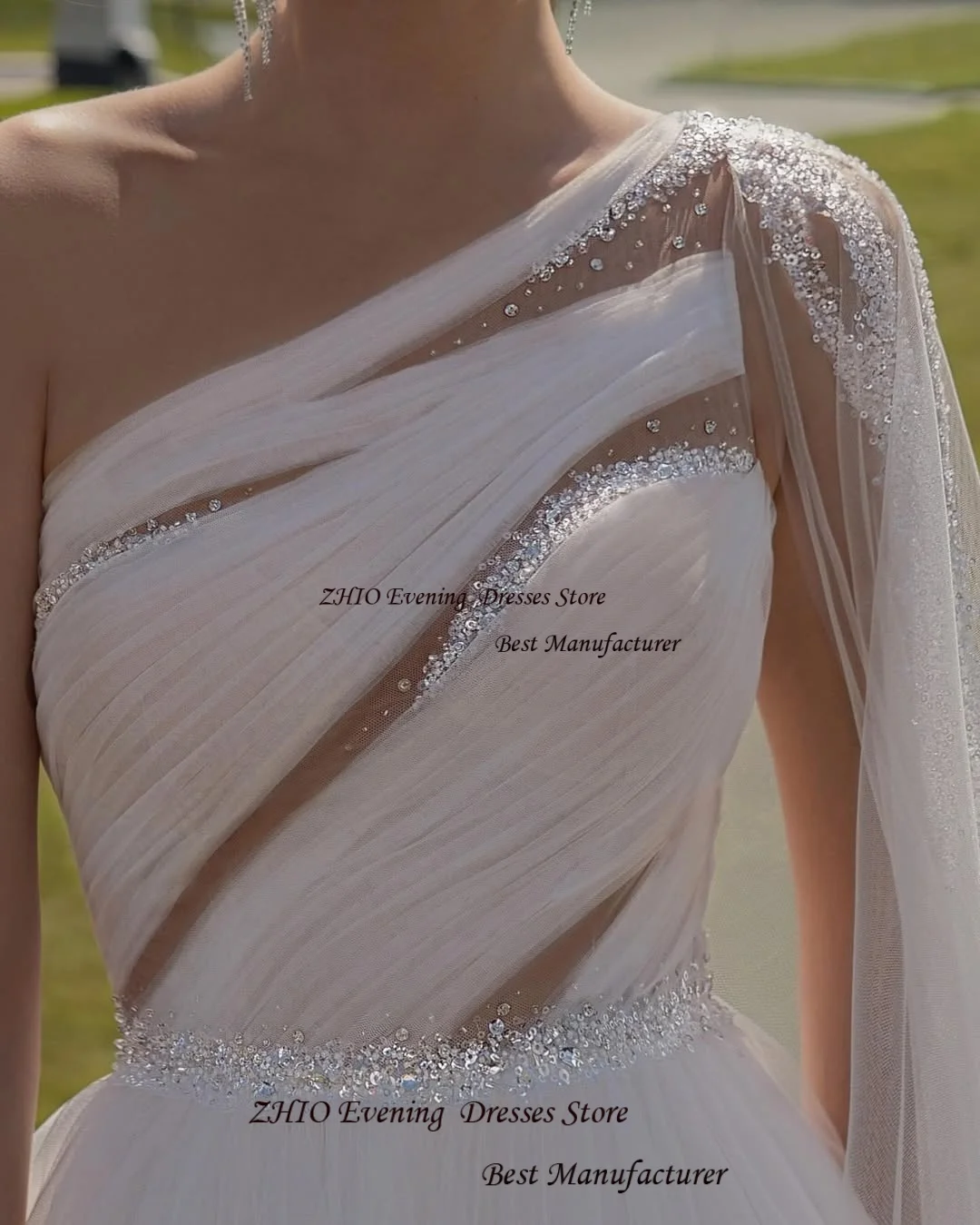 ZHIO One-Shoulder-Kleid aus glänzendem Tüll, modernes formelles Kleid für Hochzeiten, offizielles Eventkleid, individuelle Illusion, Pailletten, Sweep-Zug