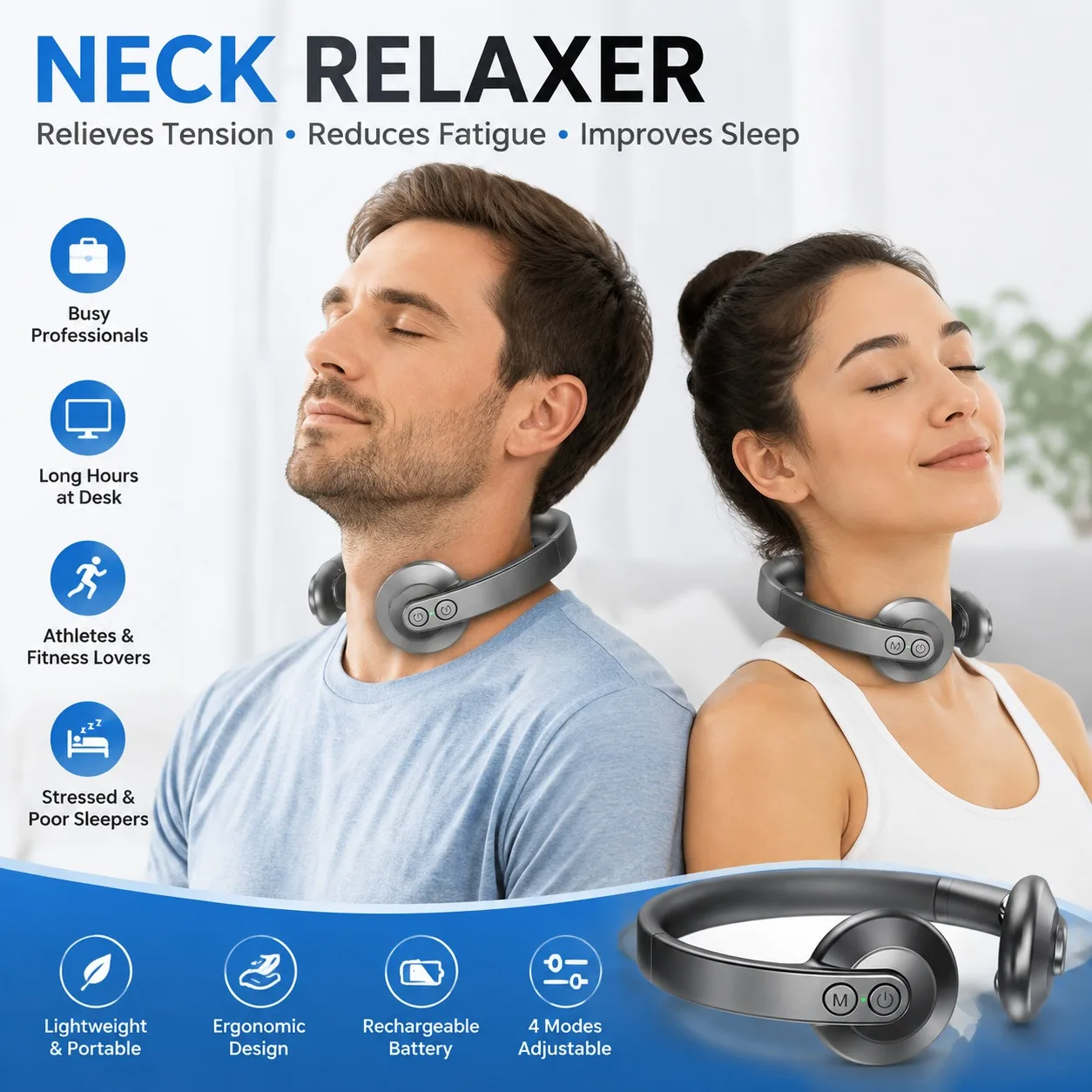 Vagus Nerve Stimulator Neck Massager 5-30Hz Low Frequency Pulse 4 Modes Relax Sleep Focus Recovery One Button Operation