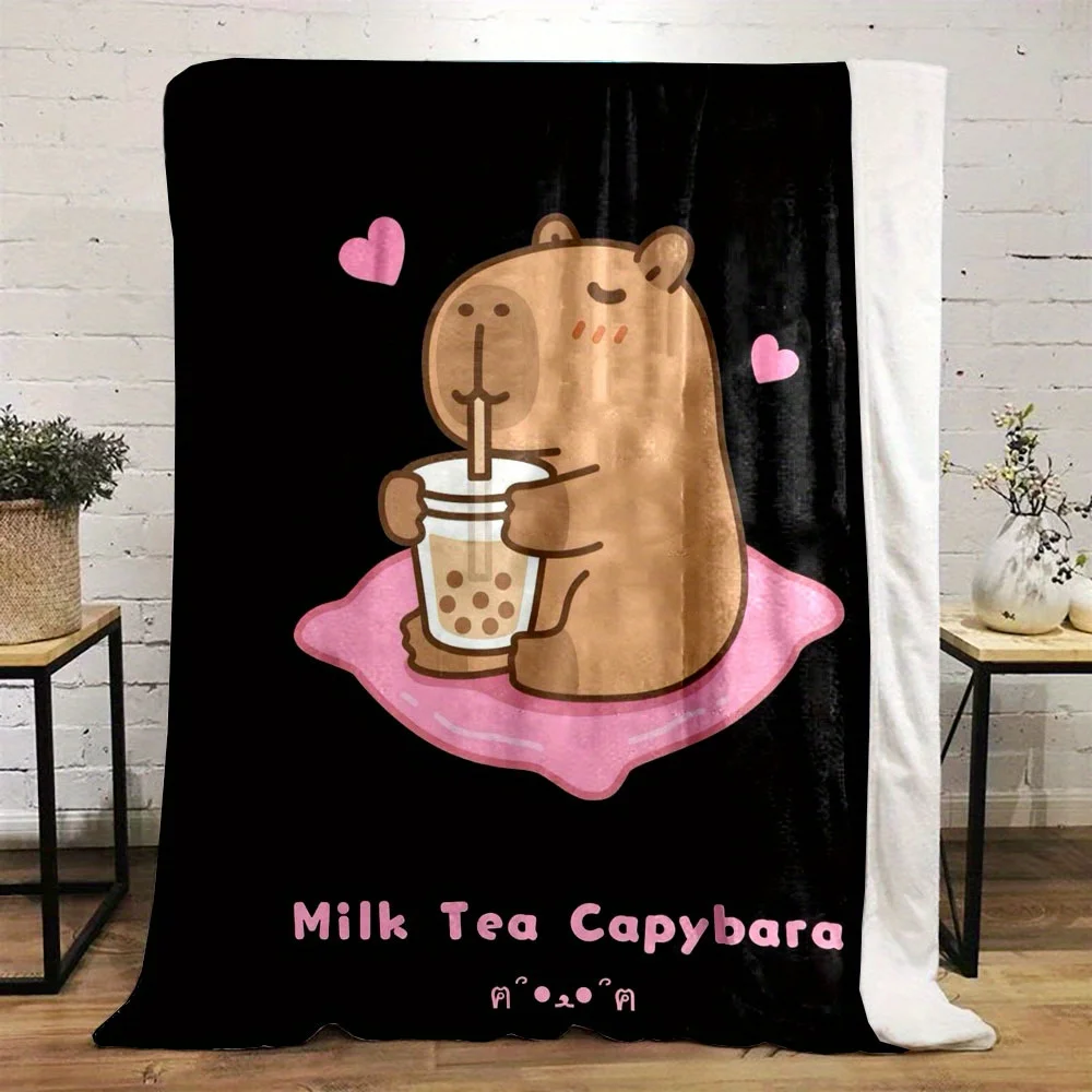 Capybara Drinking Bubble Tea Print Flannel Fleece Throw Blanket - Reversible,Cartoon-Themed, Contemporary Style