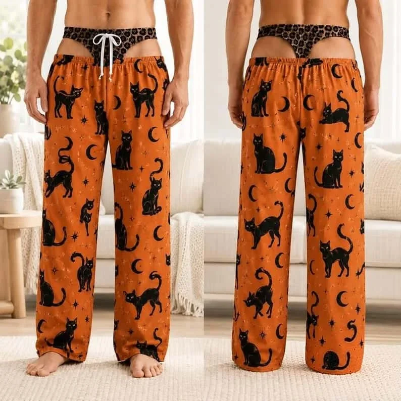 Fun 3D Halloween Pajama Pants Parody Leopard Print Thong Pajama Pants Halloween Prank Novelty Holiday Men's Casual Pants Gift