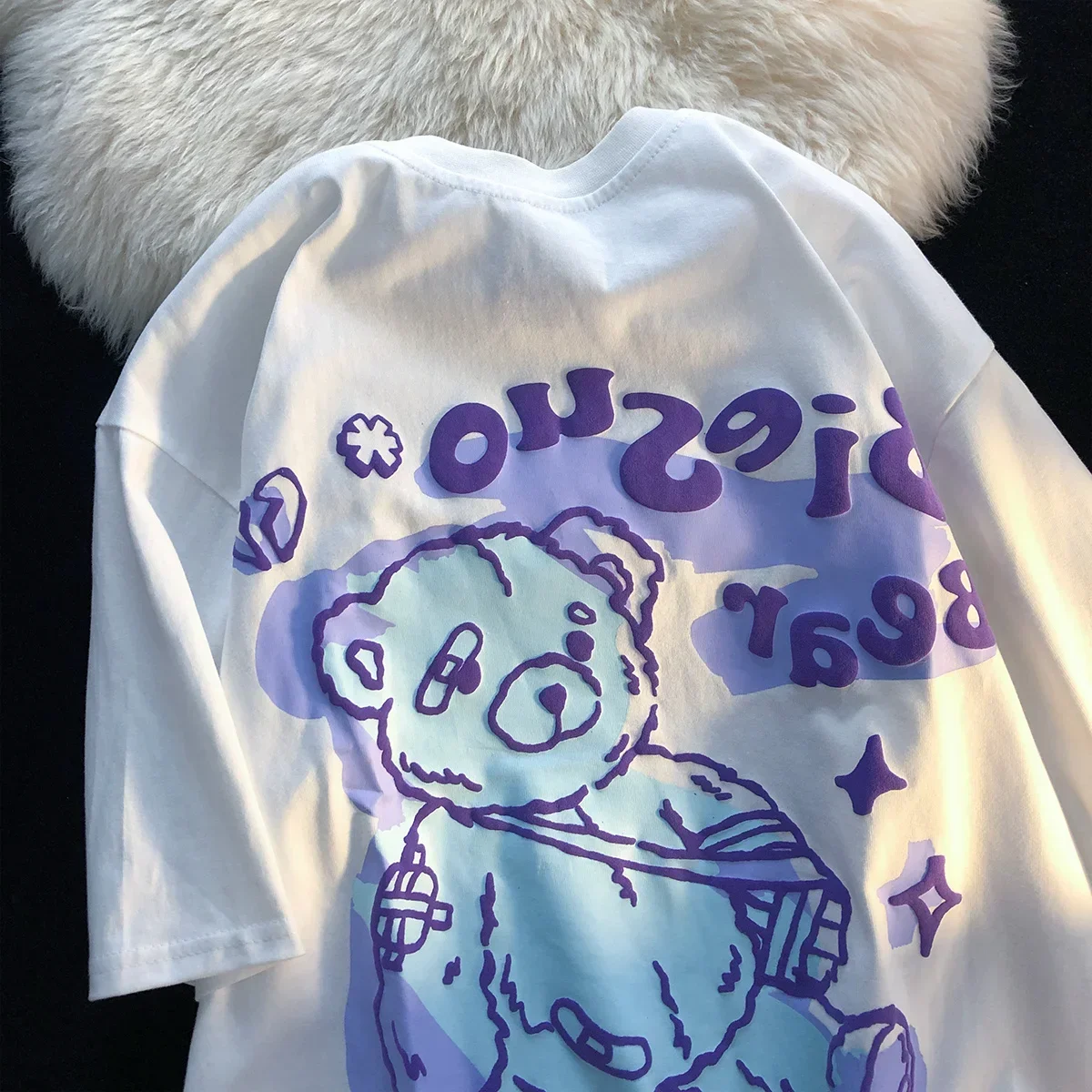 T-shirt da donna grande orso stile americano retrò oversize manica corta Ins Trendy Cartoon Graffiti Fat Top magliette grafiche estive