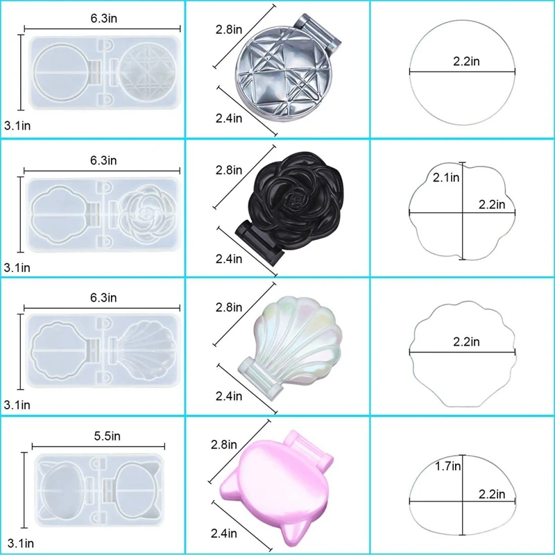 Silicone Resin Mirror Mold-4 Pieces Of Folding Compact Mirror Cover Mold With 8 Mirrors, Makeup Mirror Shell For DIY