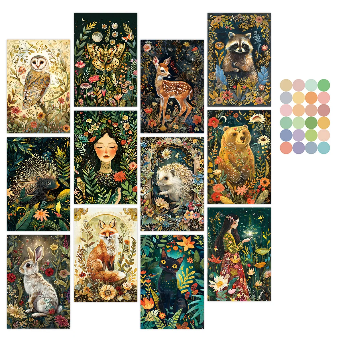 WhimsyWoodland 12-Pack Vintage Wildlife Art Cards,Enchanted Forest Animal Wall Collage Kit,Home Decor,Magical Midnight Postcards