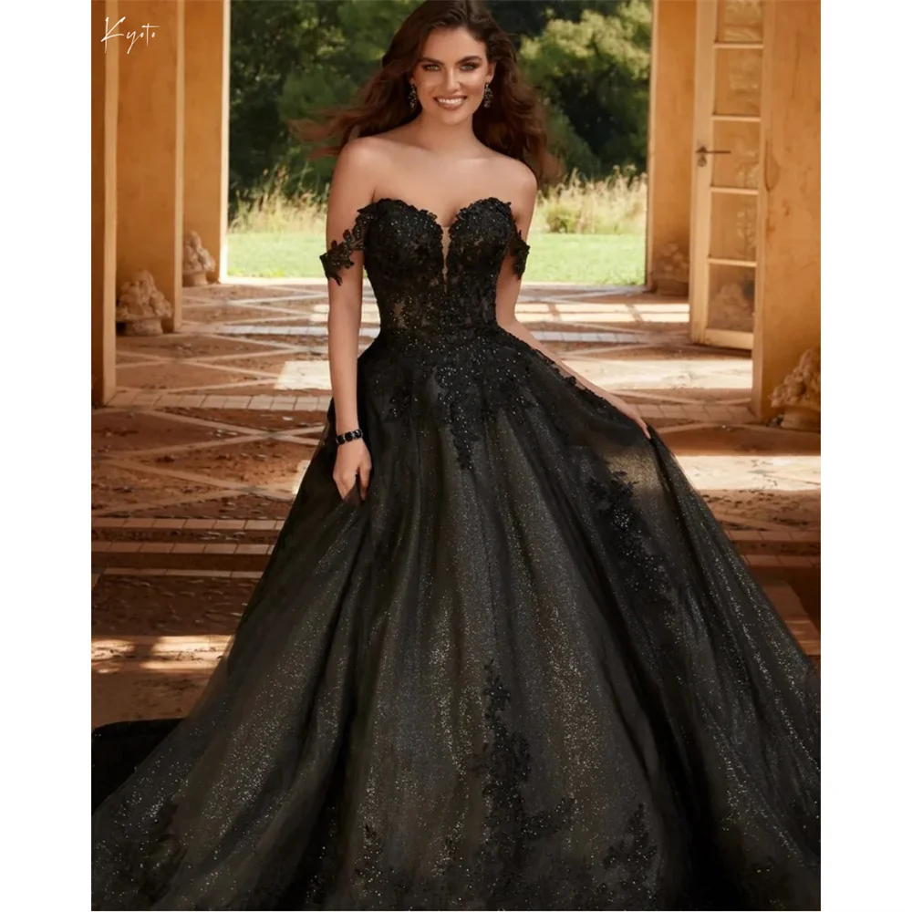 Kyoto Black Off The Shoulder Heart Collar Wedding Dress Lace Appliques vestidos de novia A-line Customized Evening Dresses 2025