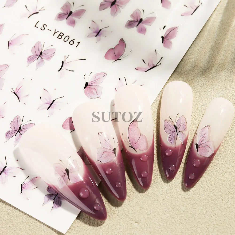 3D Butterfly Nail Stickers Purple White Fairy Decals Black Wings Self-Adhesive Sliders French Charms Manicure Decors LEBLS-YB061