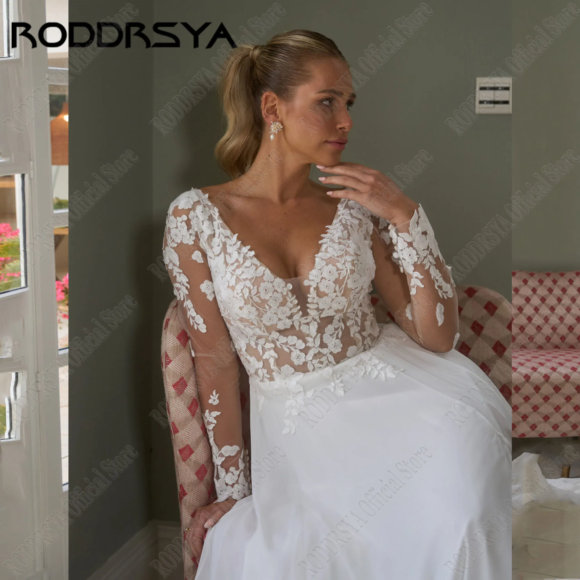 Roddrsya Chiffon V-Ausschnitt Brautkleid lange Ärmel Applikation A-Linie Zivil Braut Kleider rücken freie Seite Split Robe de Mariée BrauchRODDRSYA