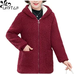 UHYTGF Winter Jackets Women 2022 Hooded Fleece Warm Coat Female Middle-Aged Mother Outewear Korean Casual 4XL Size Overcoat 1942