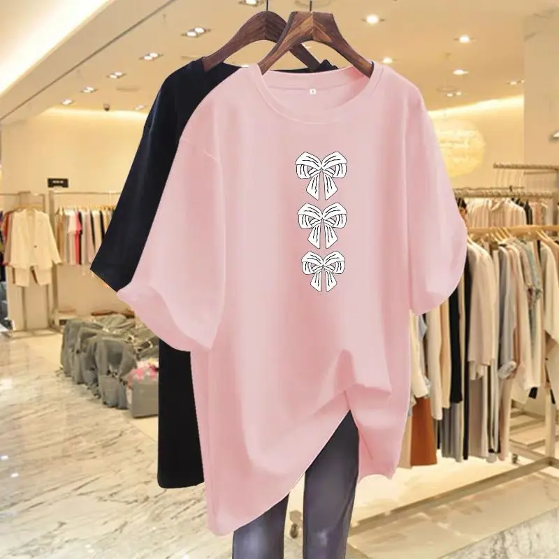 Summer Casual Chic Bow Printed T-shirt Women Basic Short Pure Cotton Top O-neck Short Sleeve Y2k Loose Pullover Tees