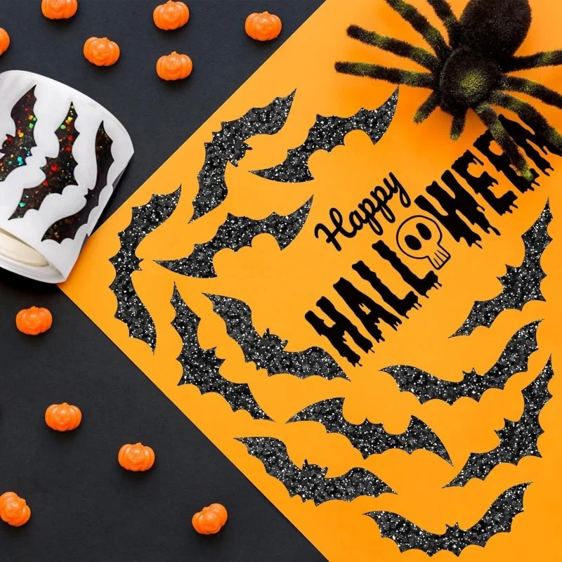 500 Stück Halloween-Fledermaus-Aufkleber-Rolle, Laser-Schwarze Fledermäuse, Wasserfeste Glitzer-Selbstklebende Aufkleber für Halloween-Scrapbook-Partydekoration – Detail 8