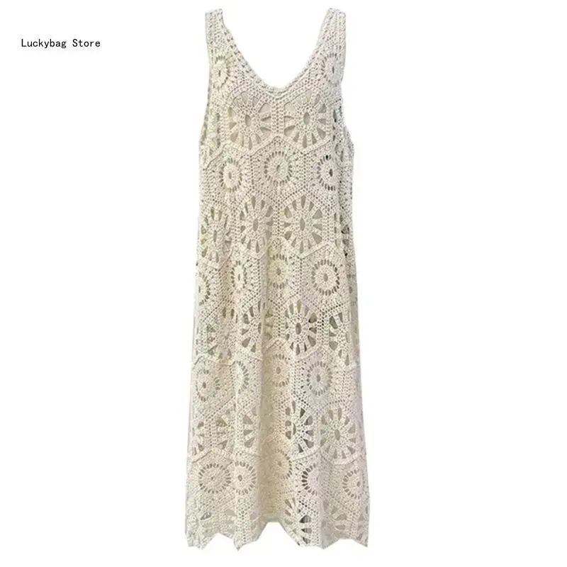 Women Hollow Out Crochet Geometric Flower Sleeveless Midi Long Dresses Beach Vacation Knitted Sheer Cover Up Dresses