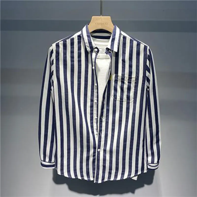 Elegant Fashion Harajuku Slim Fit All Match Shirt a Peaked Collar Stripe Button Long Sleeve Outerwear Loose Casual Ropa Hombre